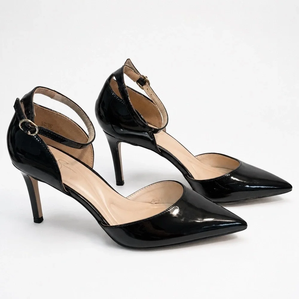 Jessica Simpson Shulla 8M Black Patent Pointed Toe Ankle Strap Stiletto Pumps